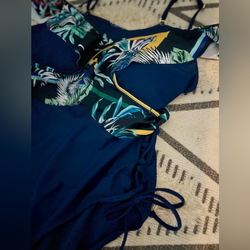 NWOT Swimsuit XOXO 1 PC Navy Tropical Print Ruffle Trim Off Shoulder Mallot L - Picture 6 of 11